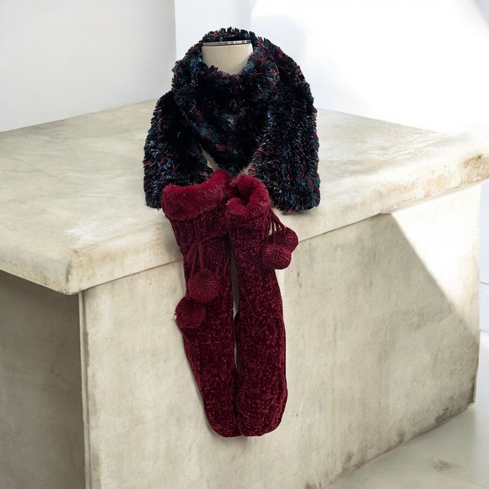 Cozy Chenille Pom Pom Slipper‎ Socks And Multicolor Fuzzy Scarf Set Winter Gift